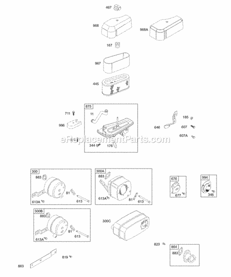 Air Cleaner Mufflers Diagram and Parts List for 28N707-0109-01  Briggs and Stratton Engine